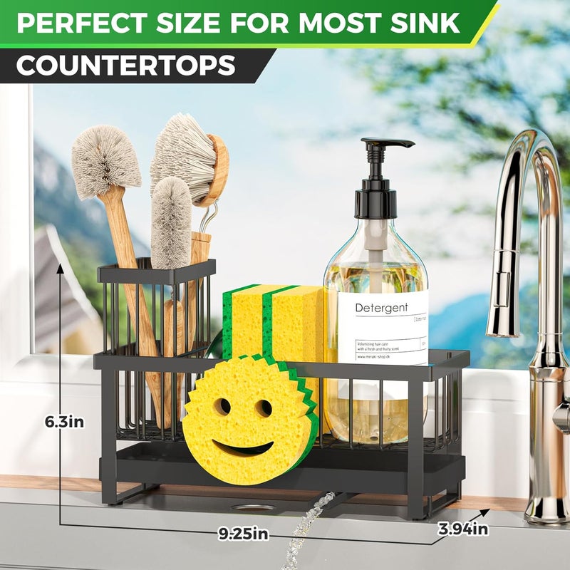 Taugast Sponge Holder for Kitchen Sink,Sink Caddy with Removable Dish Brush Holder,Self-Draining Kitchen Countertop Organizers and Storage Essentials,Soap Dispenser Organize and Home Decor-Black - Image 2